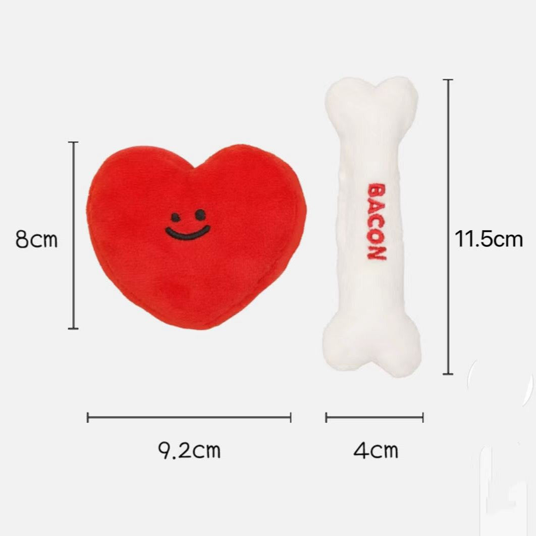 ❤️ Heart & Bacon Bone Squeaky Plush Toy Set 🦴