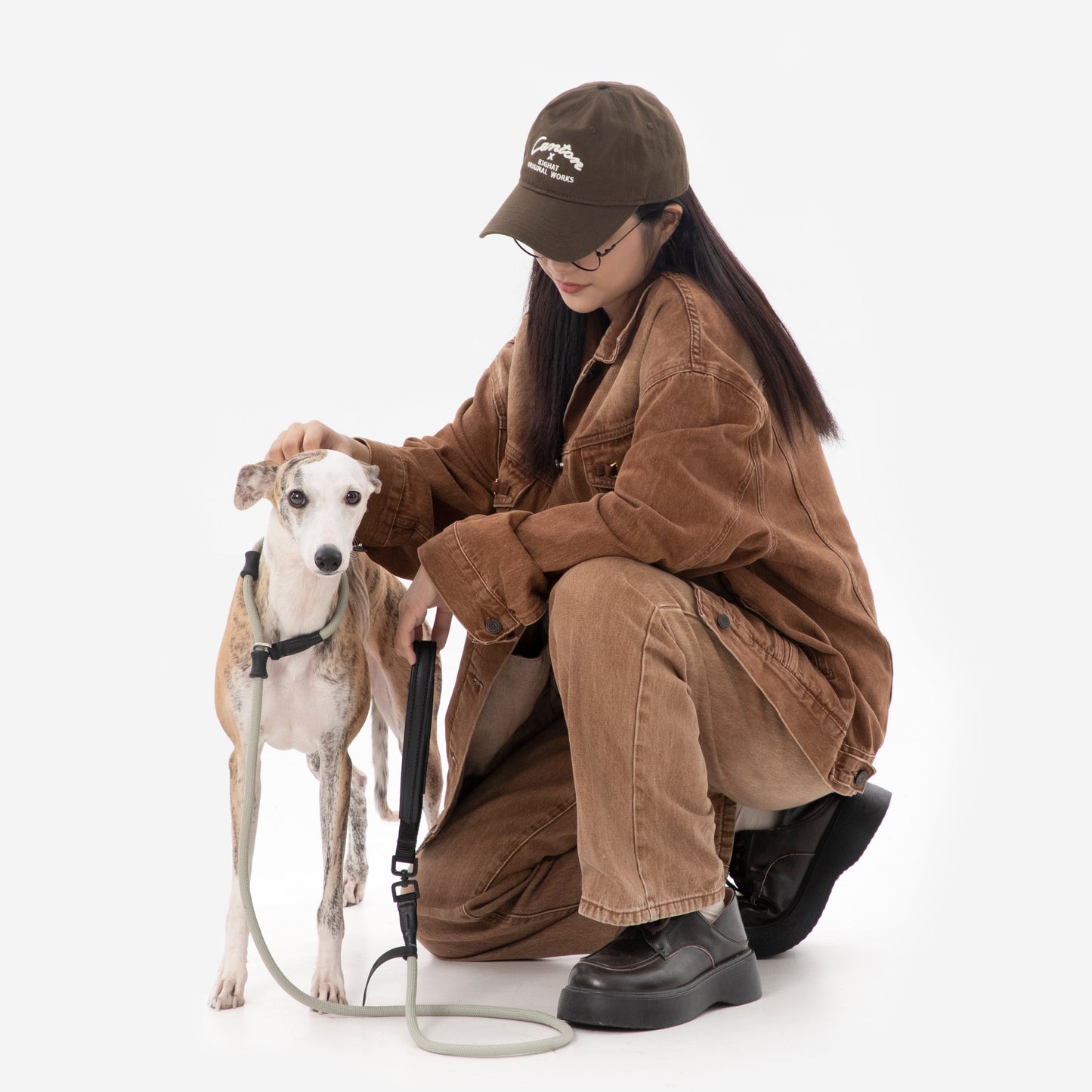 BOBO Series Leather Handle Integrated One Piece Dog Training P Rope [Seagull Gray]