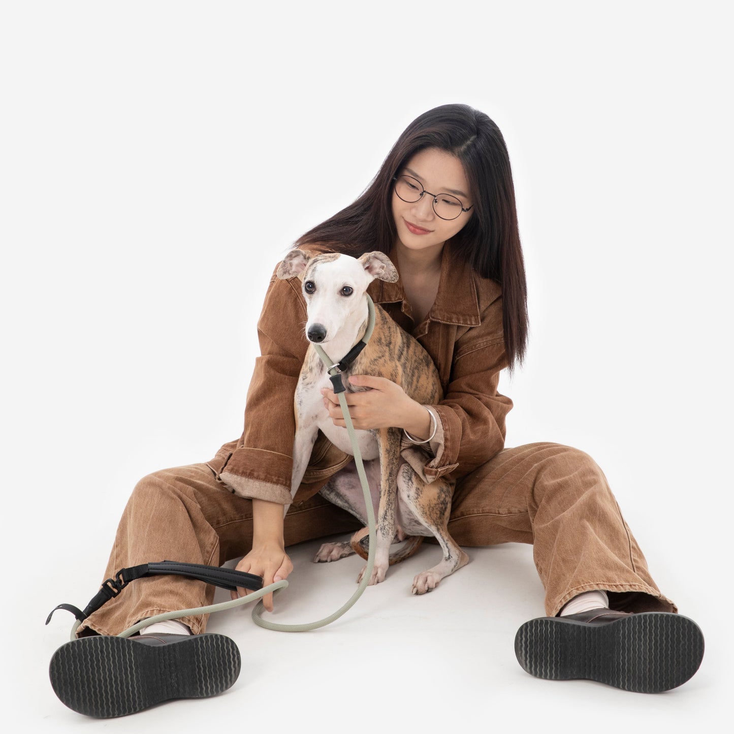 BOBO Series Leather Handle Integrated One Piece Dog Training P Rope [Seagull Gray]