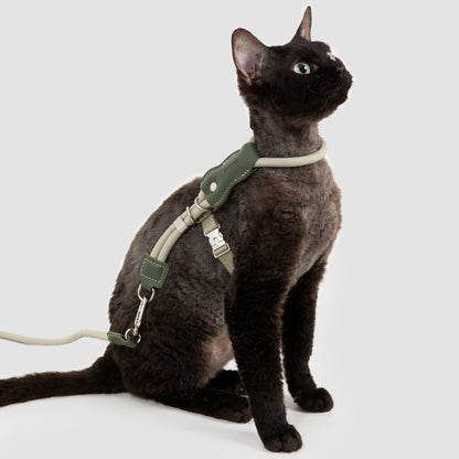 Leather Round Rope Cat Harness & Leash Set [Olive Green]