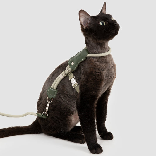 Leather Round Rope Cat Harness & Leash Set [Olive Green]