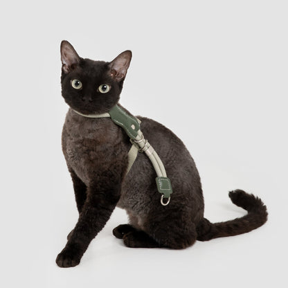 Leather Round Rope Cat Harness & Leash Set [Olive Green]