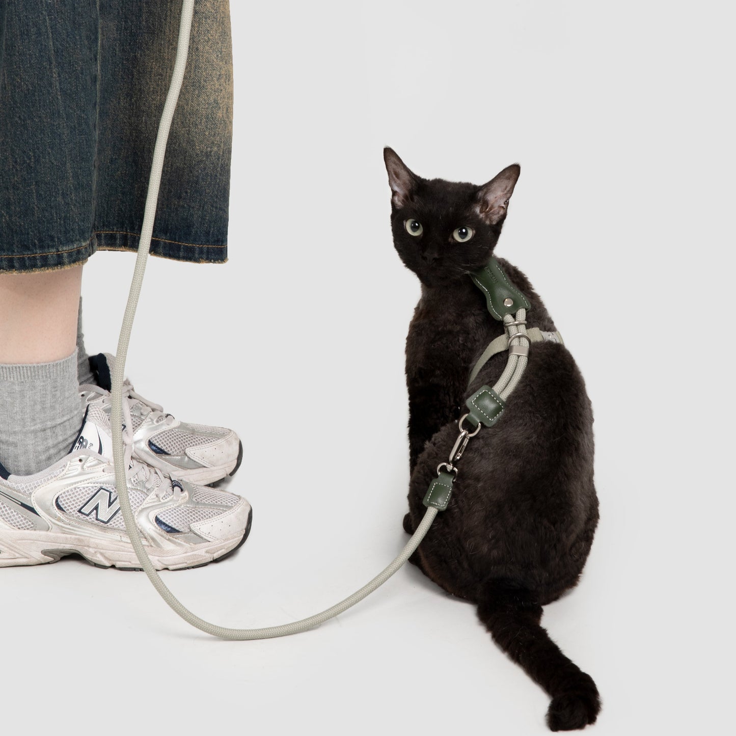 Leather Round Rope Cat Harness & Leash Set [Olive Green]