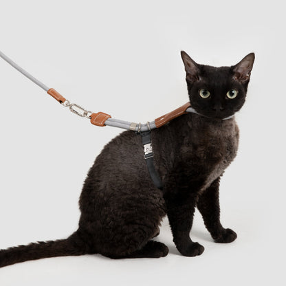 Leather Round Rope Cat Harness & Leash Set [Buckwheat Grey]