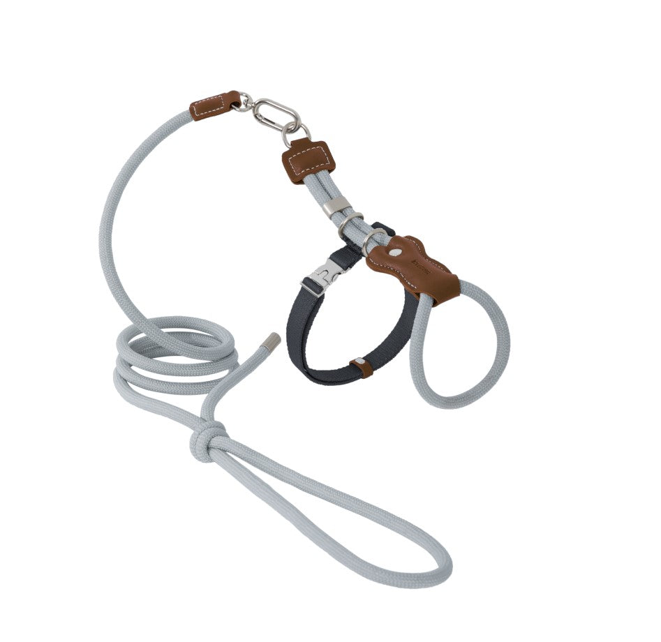 Leather Round Rope Cat Harness & Leash Set [Buckwheat Grey]