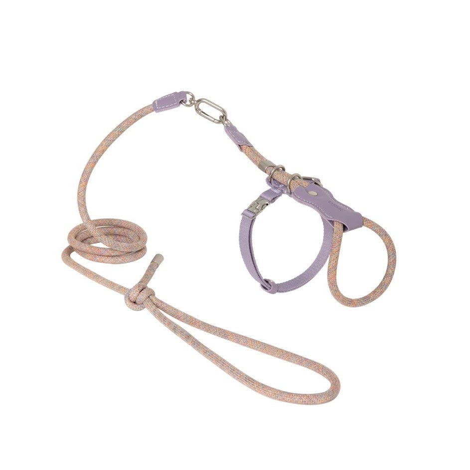 Leather Round Rope Cat Harness & Leash Set [Hibiscus Purple]