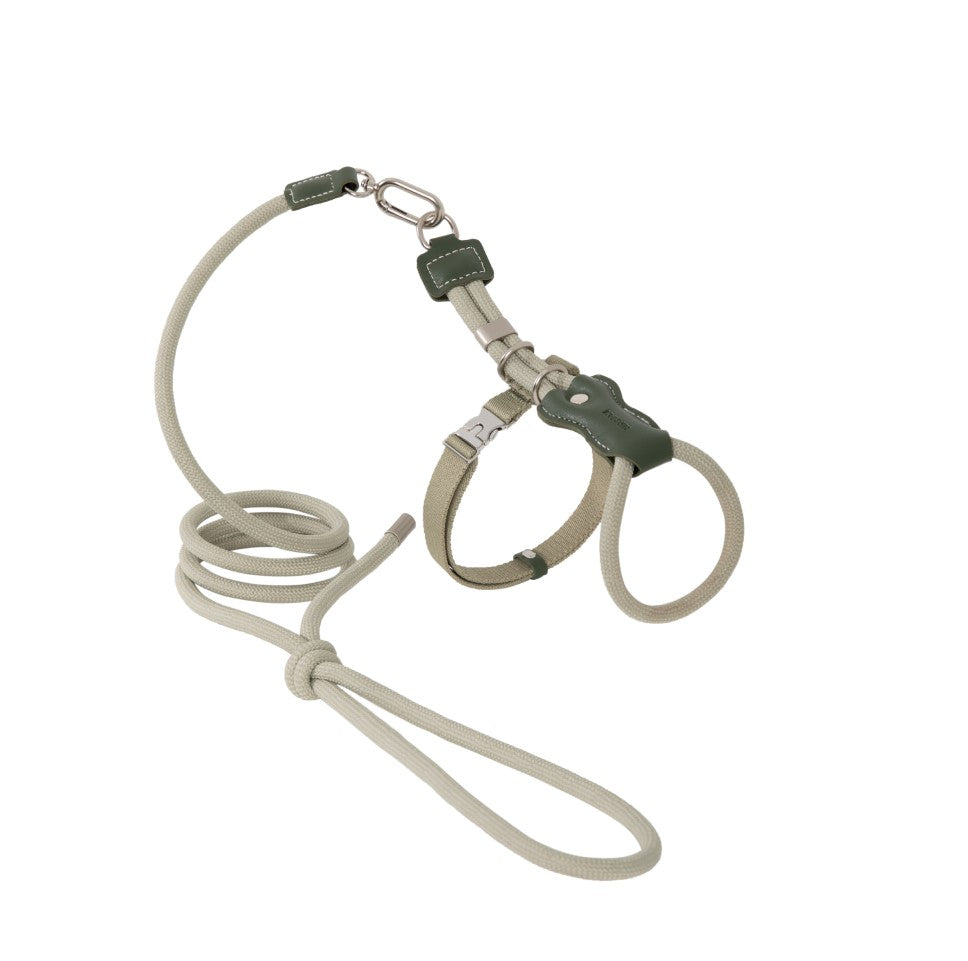 Leather Round Rope Cat Harness & Leash Set [Olive Green]