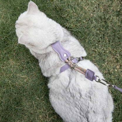 Leather Round Rope Cat Harness & Leash Set [Hibiscus Purple]
