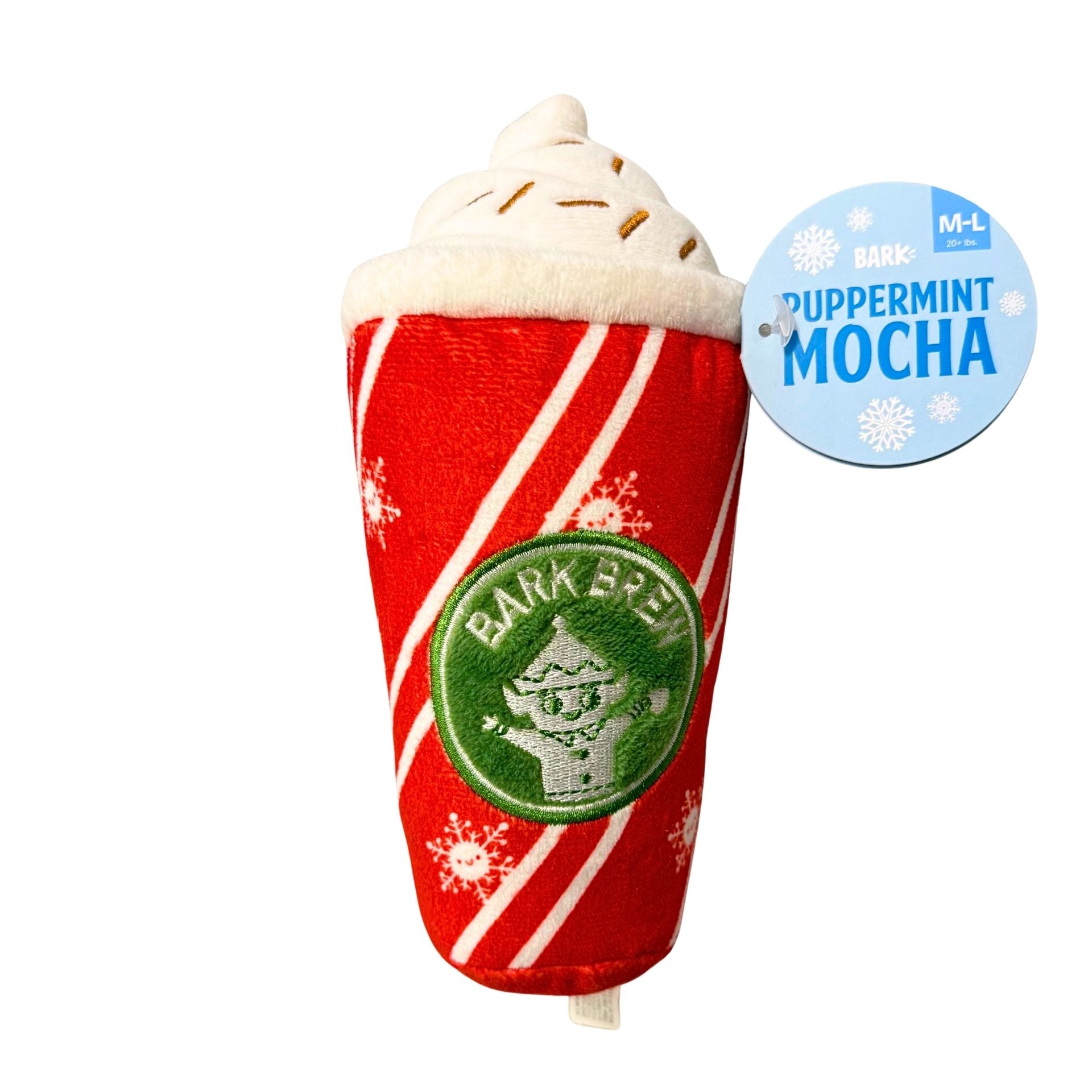 Dog toy shaped like a peppermint mocha coffee cup with 'Bark Brew' logo on a white background.