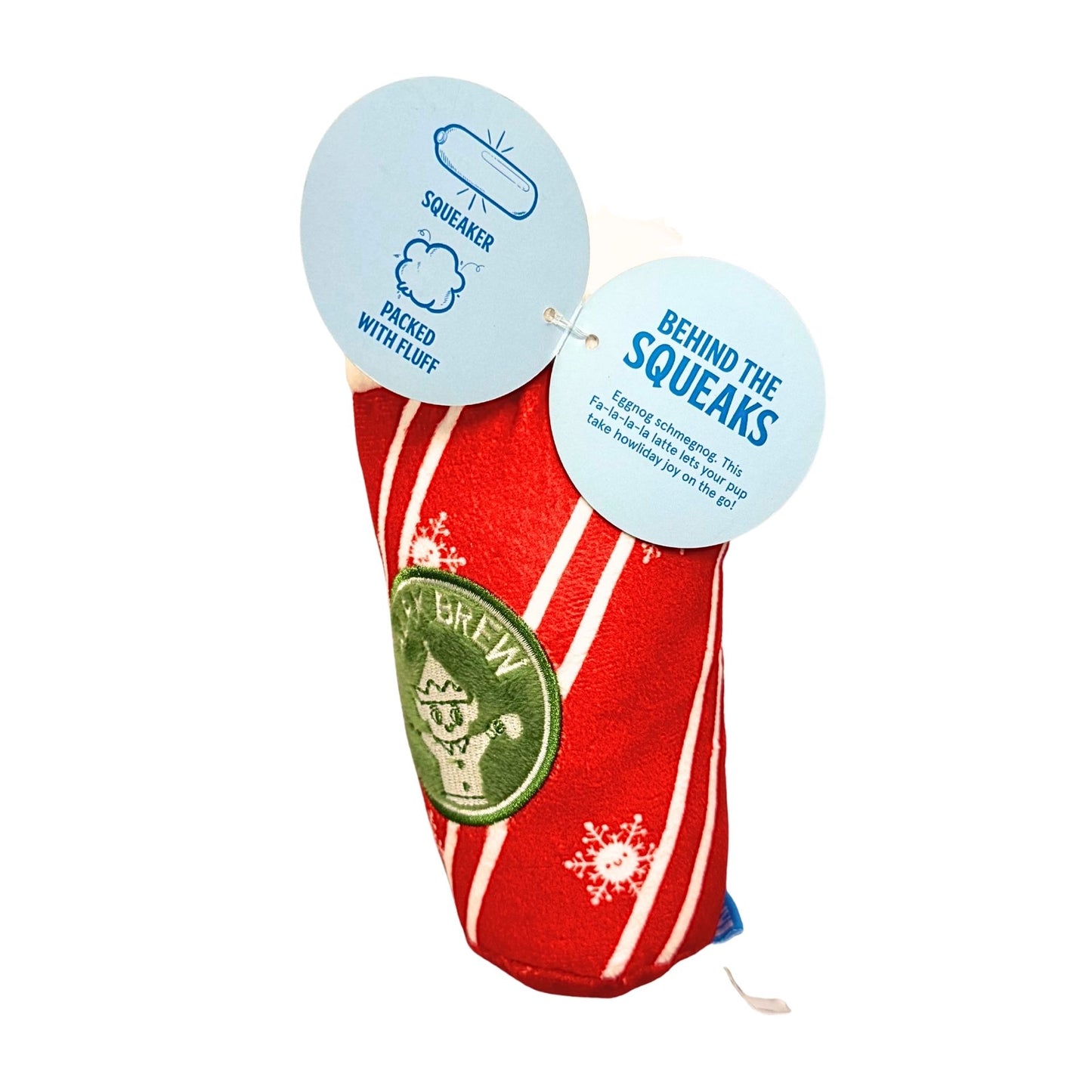 Red and white striped dog toy with a green label on a white background