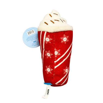 Plush toy resembling a hot chocolate cup with whipped cream on a white background