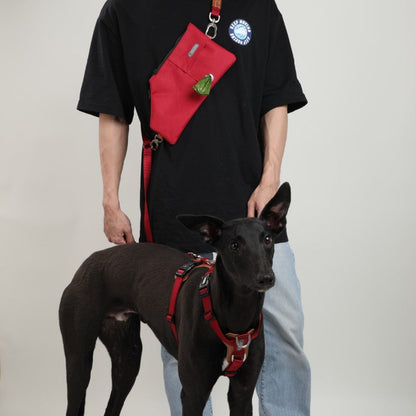 Person wearing a black shirt with a red bag and a dog wearing a red harness on a plain background
