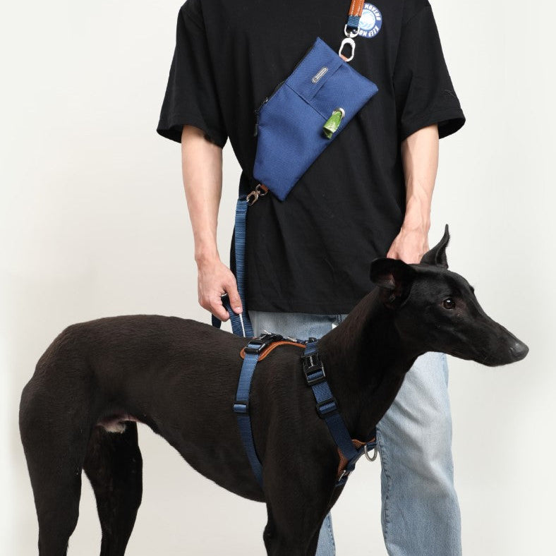 Person wearing a blue crossbody bag with a black dog on a leash against a plain background