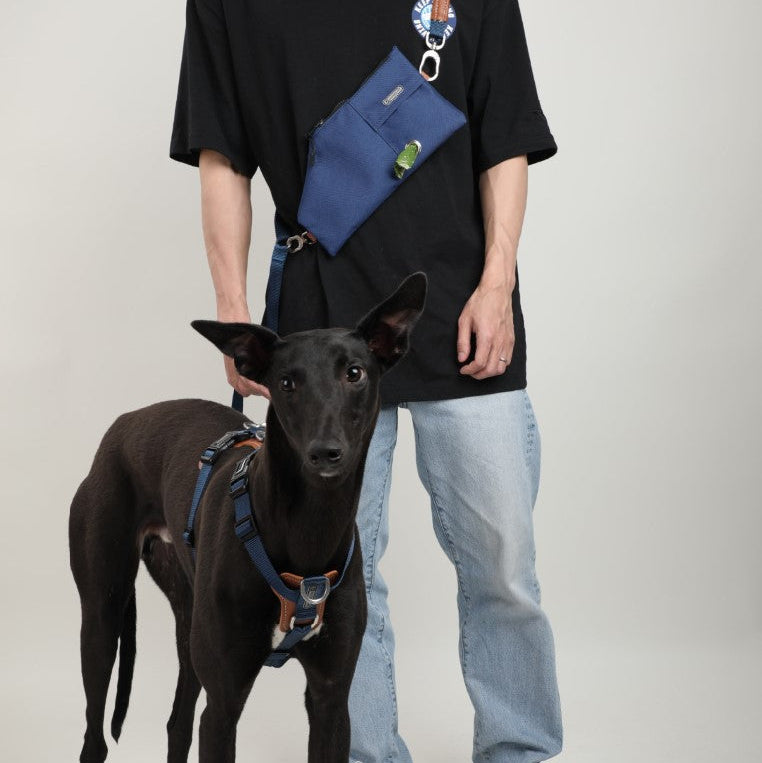 Person wearing a blue crossbody bag with a black dog standing next to them on a plain background