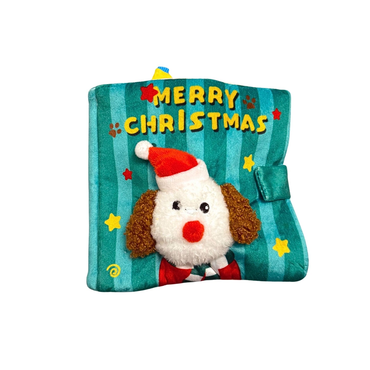 Plush toy with a dog wearing a Santa hat on a striped background with 'Merry Christmas' text.