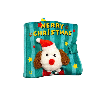 Plush toy with a dog wearing a Santa hat on a striped background with 'Merry Christmas' text.
