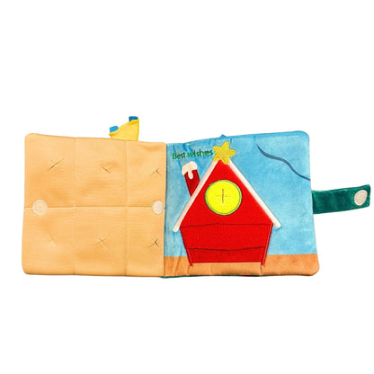 Dog Christmas playbook toy with a red birdhouse on a blue sky background