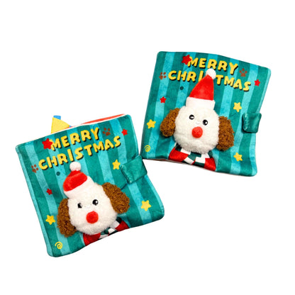 Two Christmas-themed plush toys with a dog design on a white background