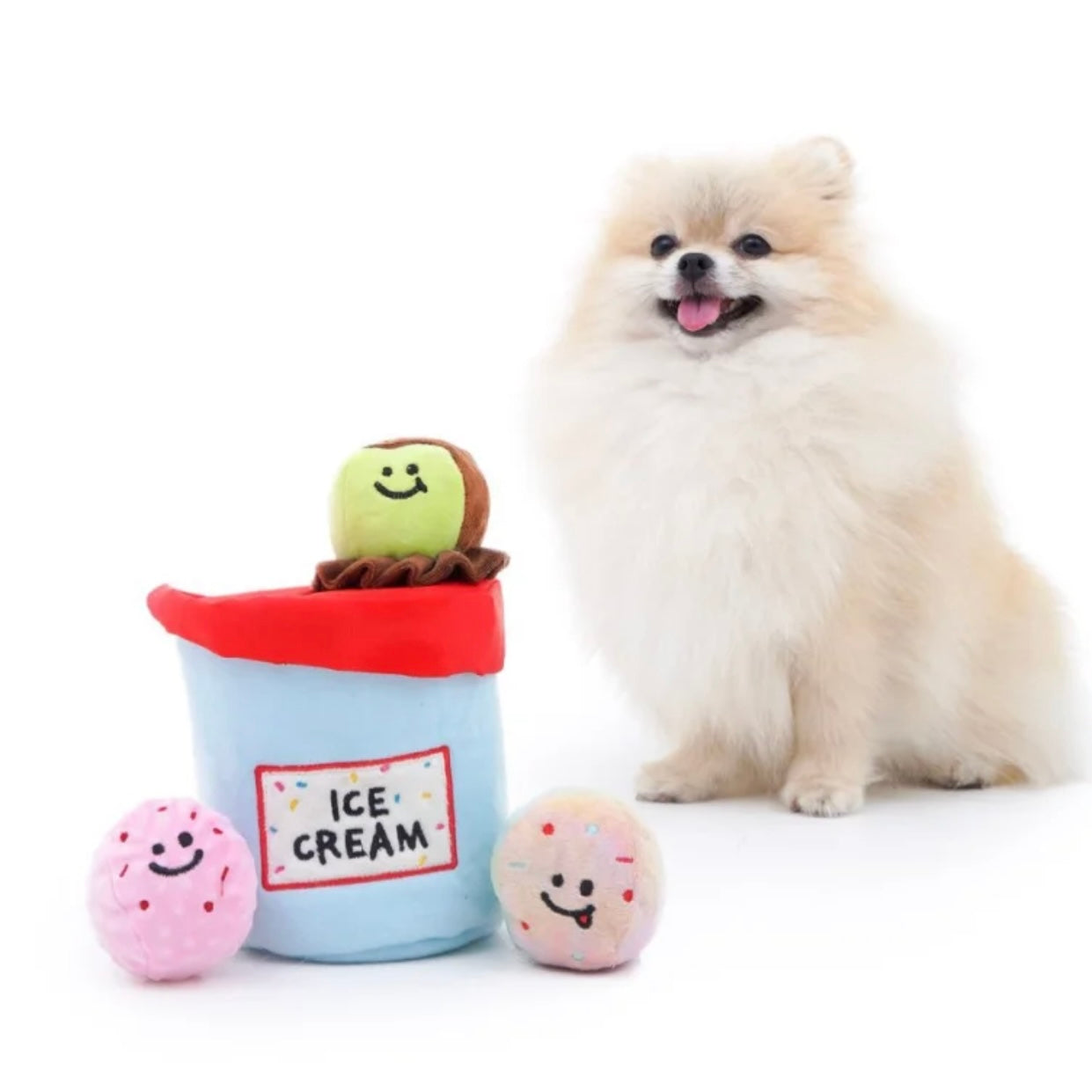 🍨 Ice Cream Tub with Squeaky Balls Chew Toy