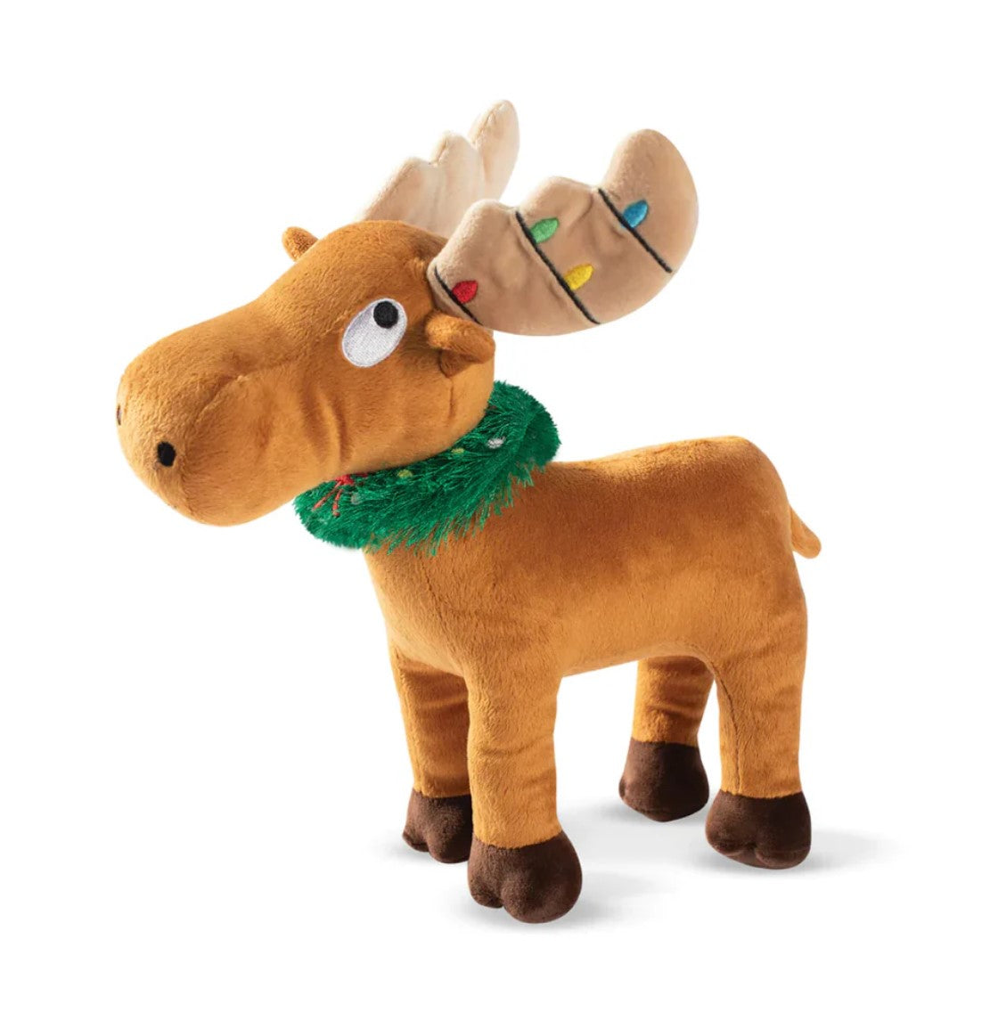 Plush moose toy with Christmas lights on antlers and green scarf on a white background