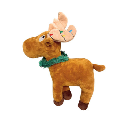 Plush moose toy with a green scarf on a white background