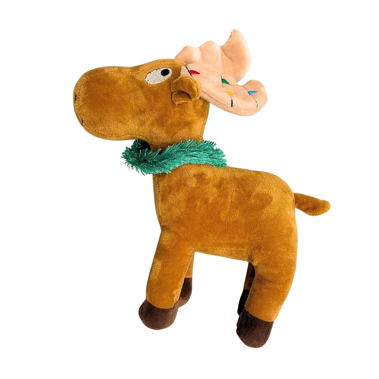 Plush moose toy with a green collar on a white background