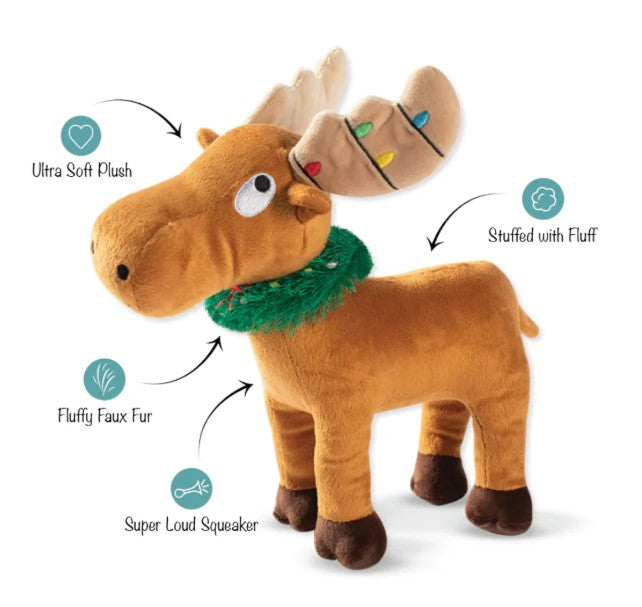 Plush moose toy with features highlighted on a white background