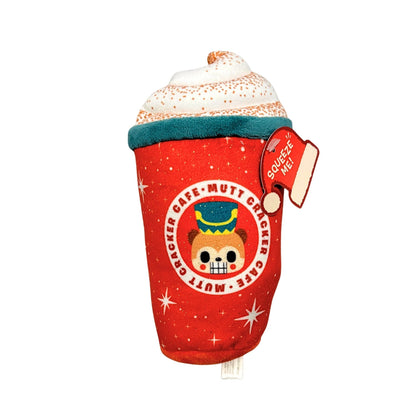 Plush toy resembling a red cup with whipped cream on a white background