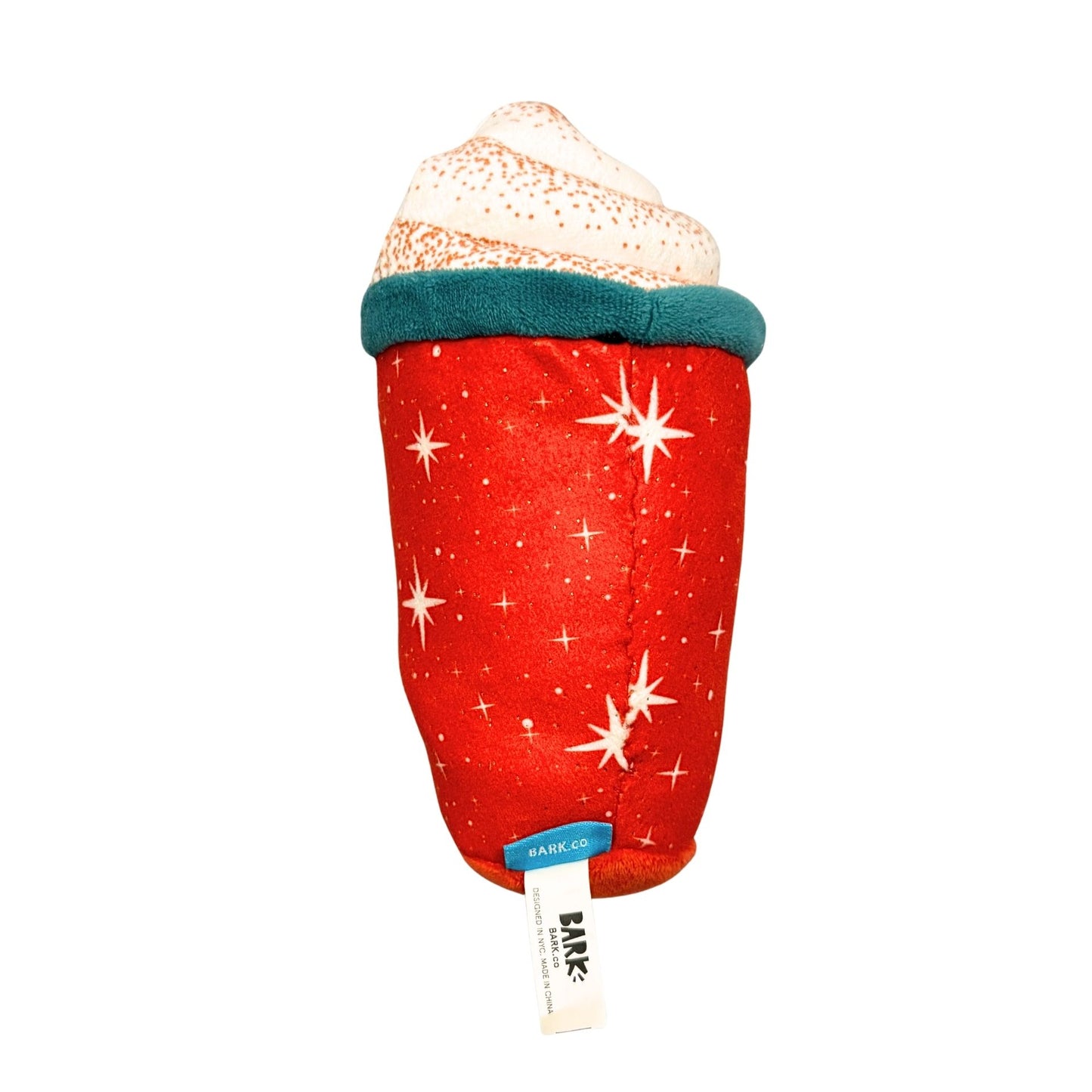 Red plush toy with star pattern on a white background