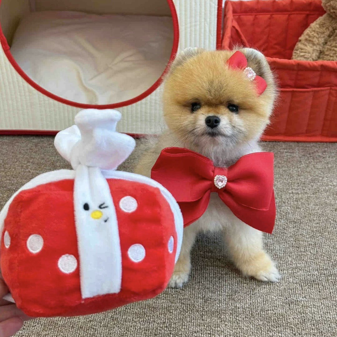 Small dog wearing a red bow tie standing next to a red and white plush toy.
