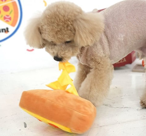 Small dog playing with a plush hot dog toy on a light wooden floor.