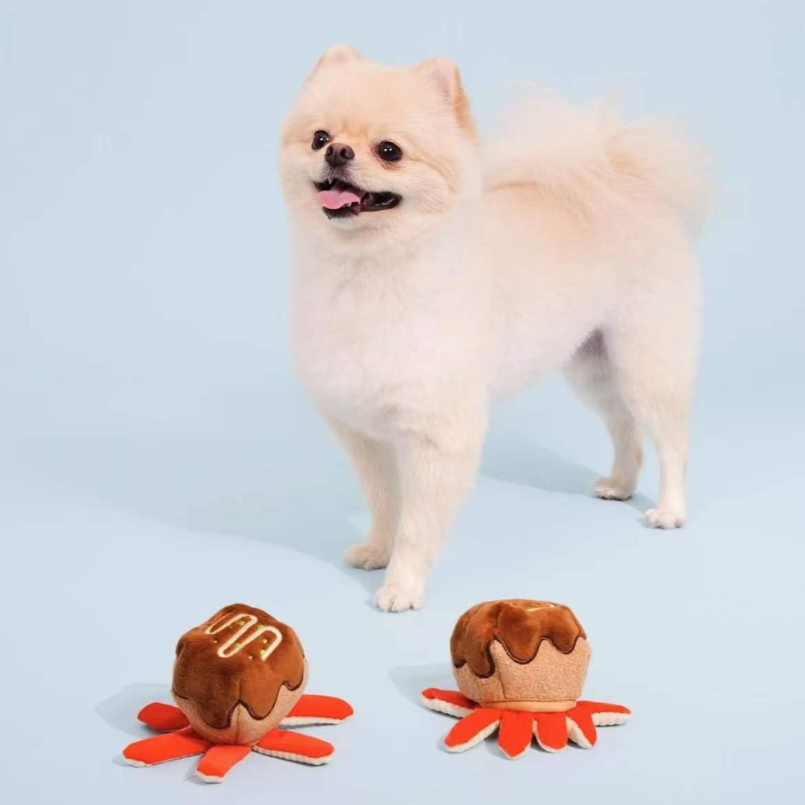 Small dog standing between two plush toys shaped like donuts with chocolate glaze on a light blue background