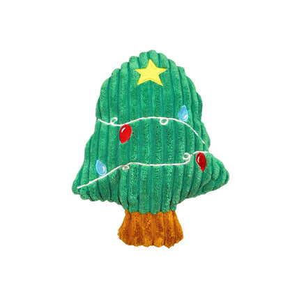 Green cactus-shaped plush toy with Christmas lights and a star on a white background