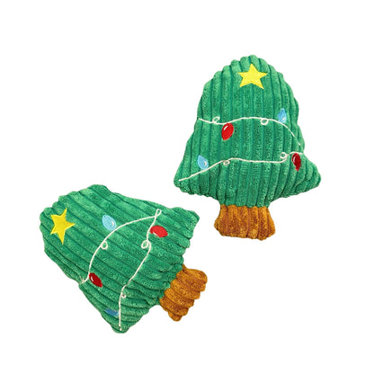 Two green Christmas tree-shaped toys with lights and a star on a white background