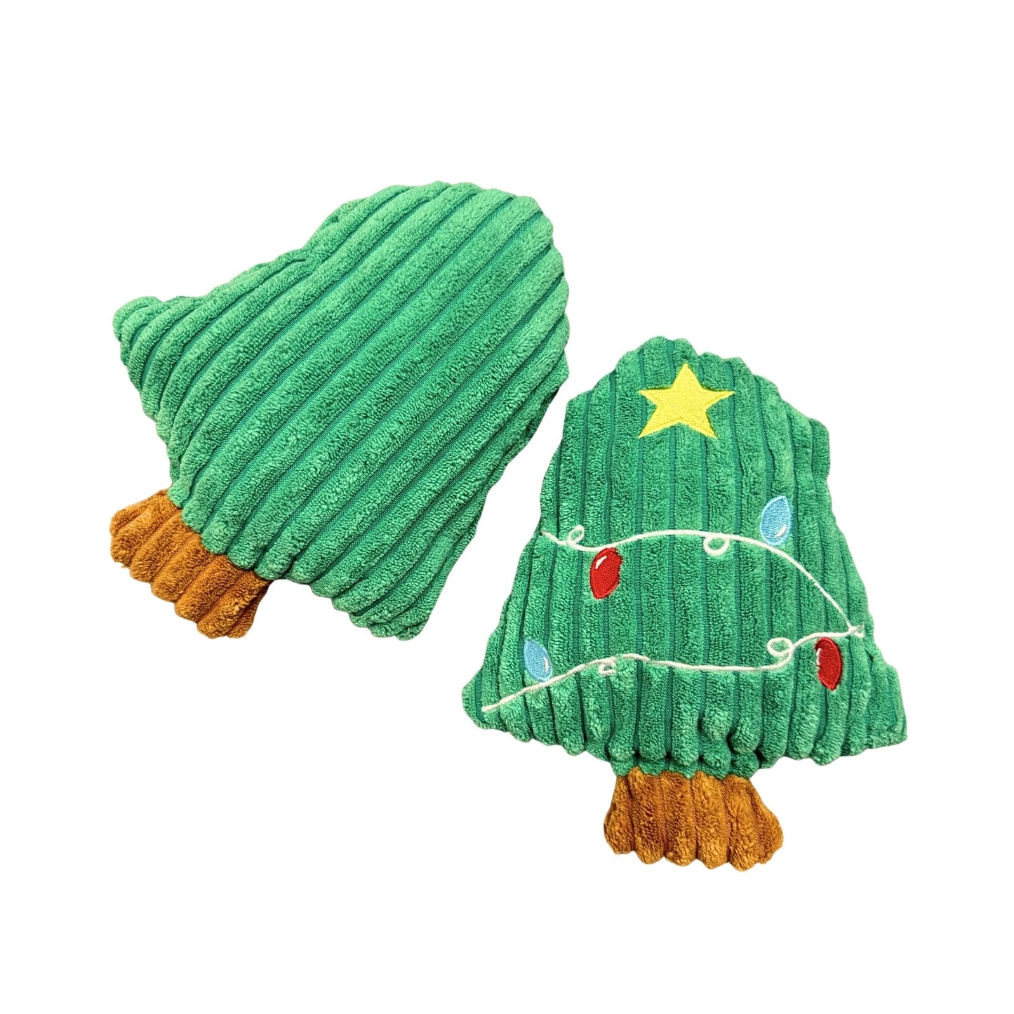 Two green tree-shaped toys with lights and a star on a white background